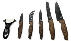 Ensemble de couteaux Royal Swiss® - 6 pièces en bois - Couteaux de chef professionnels - Set de cuisine en acier inoxydable - Couteau de sécurité - Haute qualité - Noir