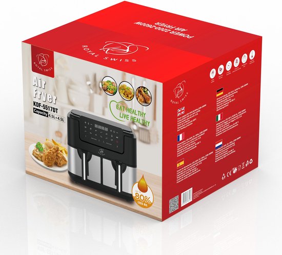 Royal Swiss® Friteuse à Air Double 2 x 4,5L – 8 Programmes Prédéfinis – Circulation d'Air à 360° – 1800W – Capacité Totale 9L – Cuisinez Deux Plats Simultanément