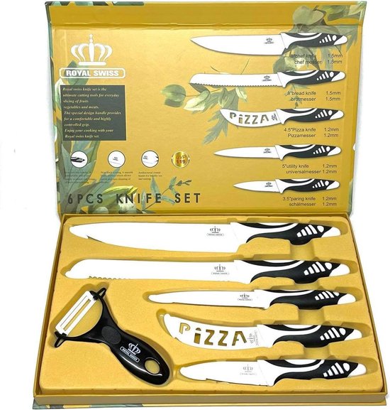Ensemble de Couteaux Professionnels Royal Swiss® - 6 Pièces en Céramique avec Éplucheur - Pour Fruits, Légumes, Viande et Poisson - Noir et Blanc