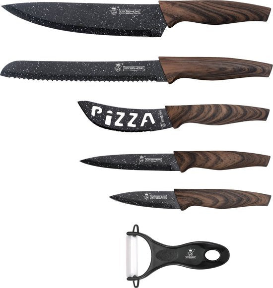 Ensemble de couteaux Royal Swiss® - 6 pièces en bois - Couteaux de chef professionnels - Set de cuisine en acier inoxydable - Couteau de sécurité - Haute qualité - Noir