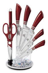 Royal Swiss Knife Set - Avec support - 8 pièces - Couteaux de chef de chef - avec aiguiseur de couteaux - Rouge - Haute qualité - Acier inoxydable