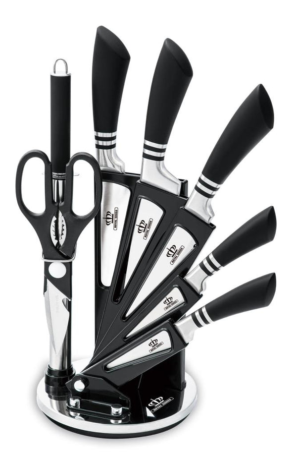 Royal Swiss Knife Set - Avec support - 8 pièces - Couteaux de chef de chef - avec aiguiseur de couteaux - Noir - Haute qualité - Acier inoxydable