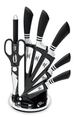 Royal Swiss Knife Set - Avec support - 8 pièces - Couteaux de chef de chef - avec aiguiseur de couteaux - Noir - Haute qualité - Acier inoxydable